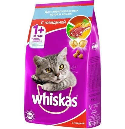 Вискас сухой корм для кошек для стерилизованных кошек и котов с говядиной 1,9 кг. 